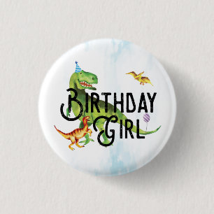 Watercolor Dinosaur Birthday Girl Button