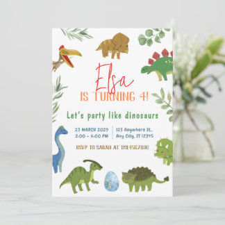 Watercolor Dinosaur Birthday Invitation Card