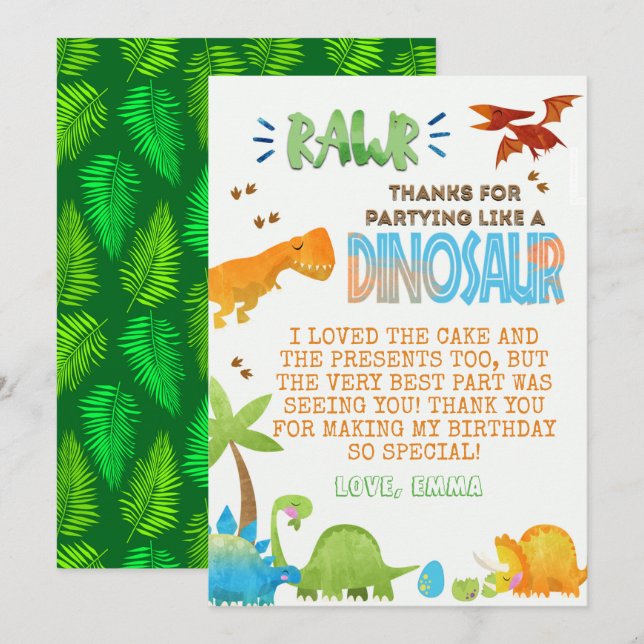 Watercolor Dinosaur Birthday Thank You card  (Front/Back)
