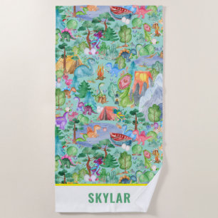 Watercolor Dinosaur Camping Kids Personalised Beach Towel