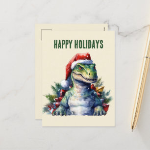 Watercolor dinosaur Christmas Santa Holiday Postca Postcard