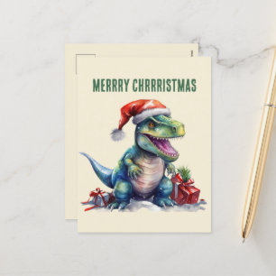 Watercolor dinosaur Christmas Santa Holiday Postcard
