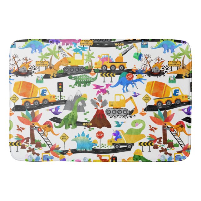 Watercolor Dinosaur Construction Kids Cute Bath Mat (Front)