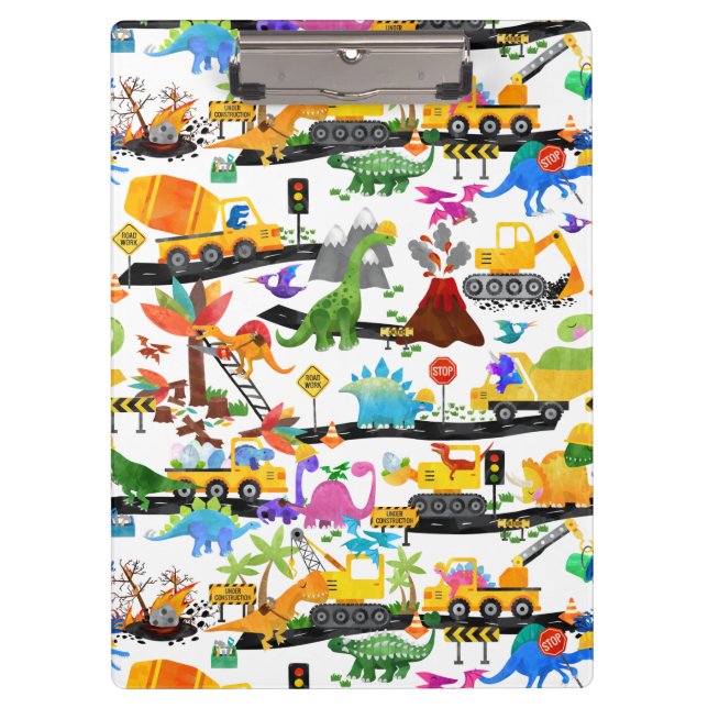 Watercolor Dinosaur Construction Kids Cute Clipboard (Front)