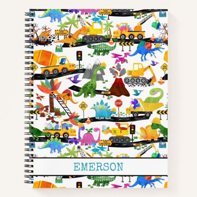Watercolor Dinosaur Construction Kids Cute Notebook (Front)