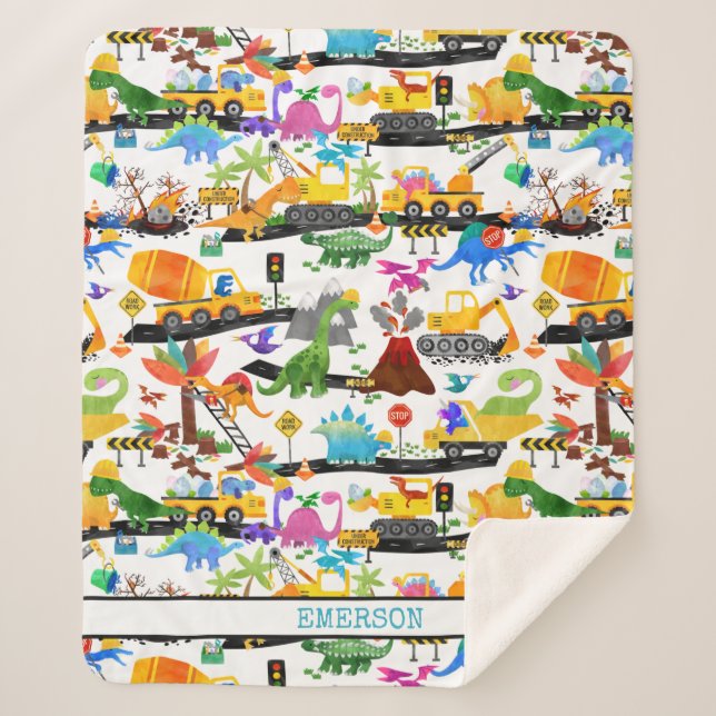 Watercolor Dinosaur Construction Kids Cute Sherpa Blanket (Front)