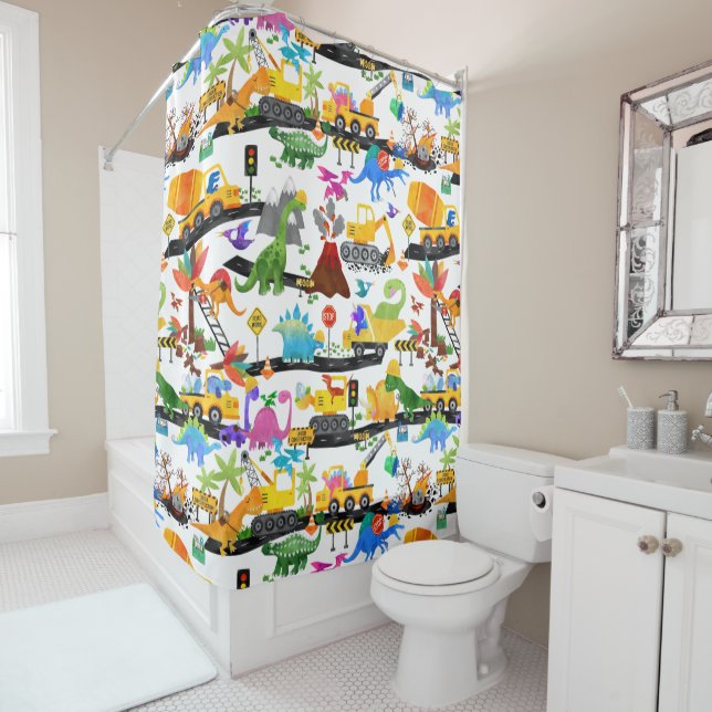 Watercolor Dinosaur Construction Kids Cute Shower Curtain (In Situ)