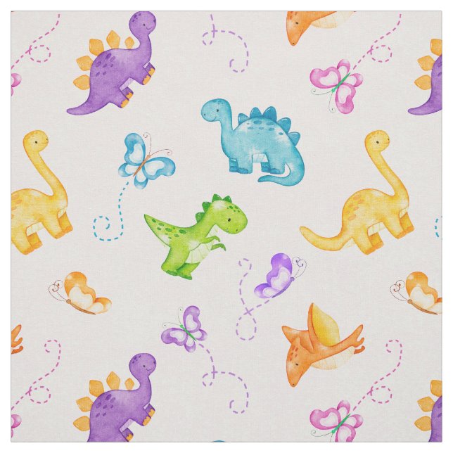 Watercolor Dinosaur Dino Butterfly Pink Baby Girl Fabric (Swatch)