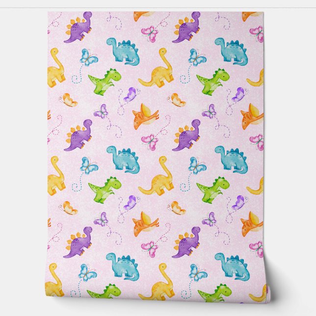 Watercolor Dinosaur Dino Butterfly Pink Baby Girl  Wallpaper (Unrolling)