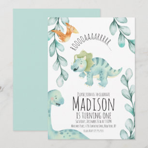 Watercolor Dinosaur First Birthday Party Blue Invitation