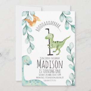 Watercolor Dinosaur First Birthday Party Invitation