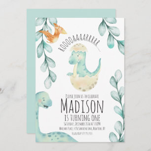 Watercolor Dinosaur First Birthday Party Teal Invitation
