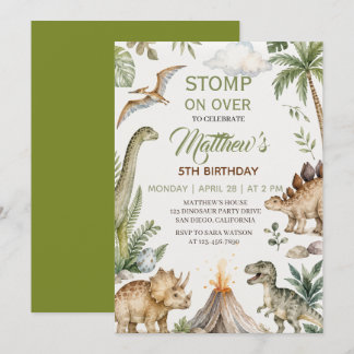 Watercolor Dinosaur Jungle Party Birthday Invitation