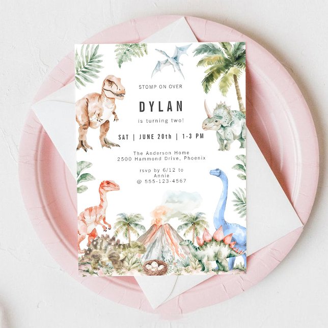 Watercolor Dinosaur Kids Birthday Party Invitation (Creator Uploaded)