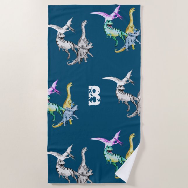 Watercolor Dinosaur Kids Monogram Beach Towel (Front)