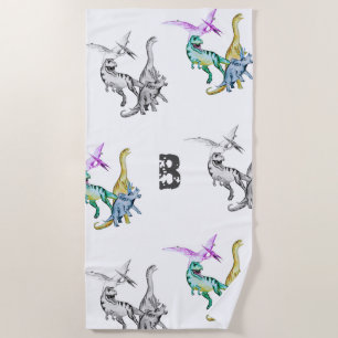 Watercolor Dinosaur Kids Monogram Beach Towel