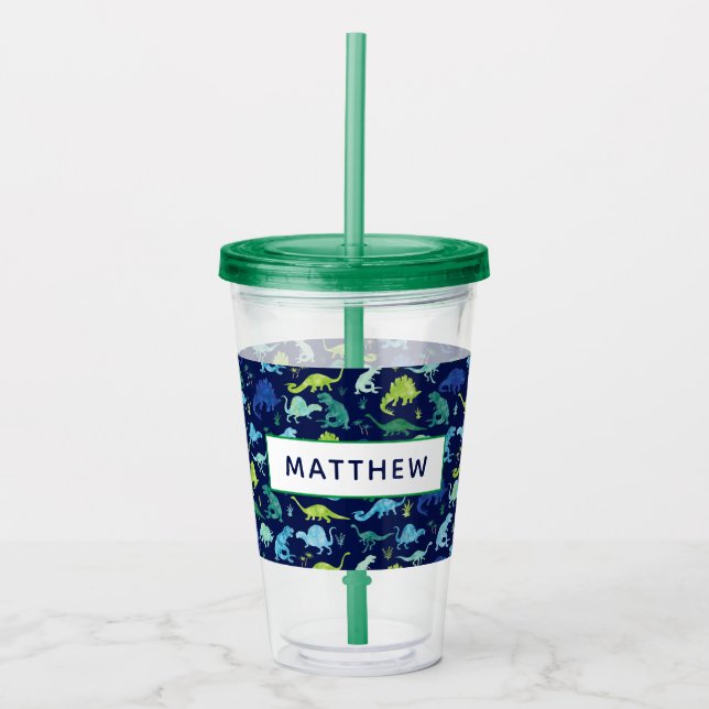 Watercolor Dinosaur Kids Personalised Dino Pattern Acrylic Tumbler (Front)