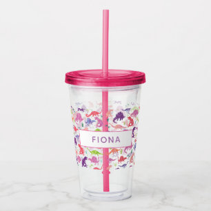 Watercolor Dinosaur Kids Personalised Girls Pink Acrylic Tumbler