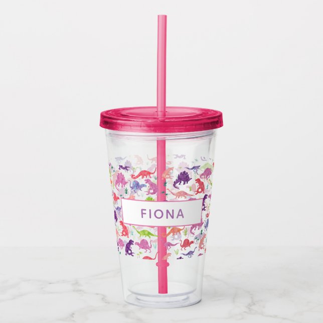 Watercolor Dinosaur Kids Personalised Girls Pink Acrylic Tumbler (Front)