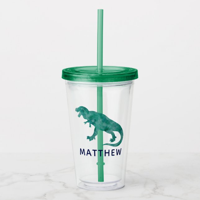 Watercolor Dinosaur Kids Personalised Green Dino Acrylic Tumbler (Front)