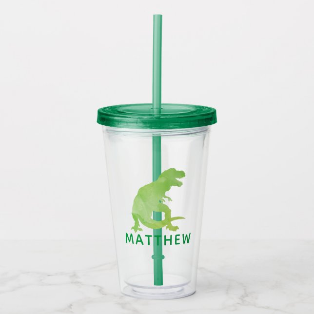 Watercolor Dinosaur Kids Personalised Green T-Rex Acrylic Tumbler (Front)