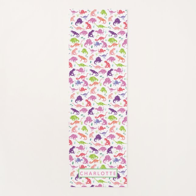 Watercolor Dinosaur Pattern Personalised Kids Pink Yoga Mat (Front)