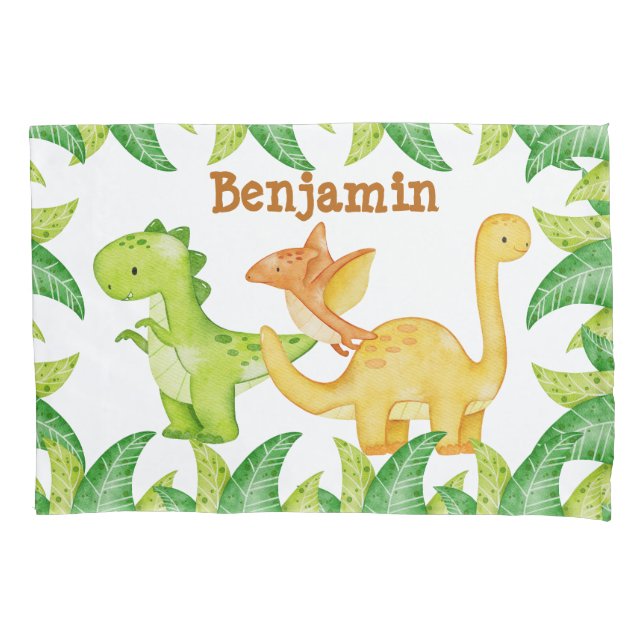 Watercolor dinosaur personalised name  pillowcase (Front)