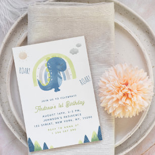 Watercolor Dinosaur & Rainbow Blue 1st Birthday Invitation