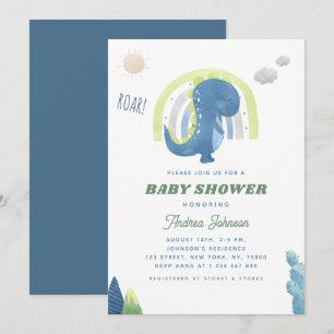 Watercolor Dinosaur & Rainbow Blue Baby Shower Invitation