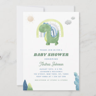 Watercolor Dinosaur & Rainbow Green Baby Shower Invitation