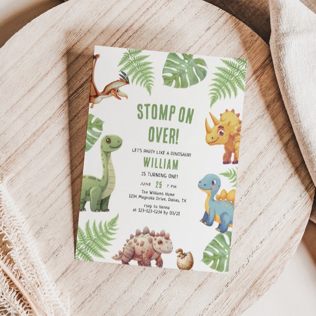 Watercolor Dinosaur Stomp On Over Kids Birthday Invitation (Creator Uploaded)