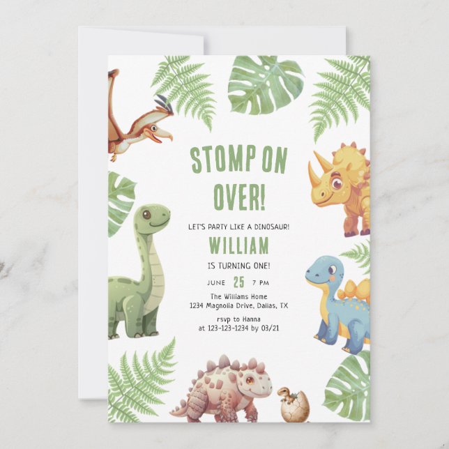 Watercolor Dinosaur Stomp On Over Kids Birthday Invitation (Front)