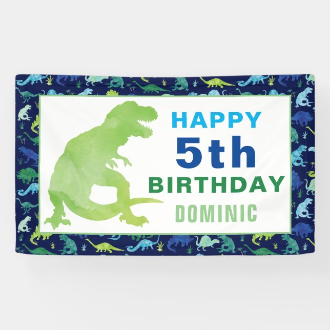 Watercolor Dinosaur T-Rex Birthday Party Banner (Horizontal)