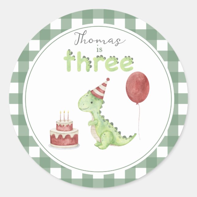 Watercolor Dinosaur Three Birthday Classic Round Sticker (Front)