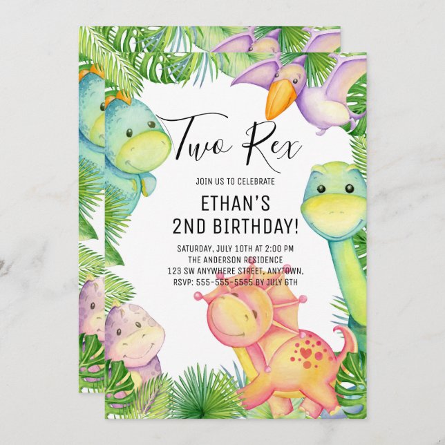 Watercolor Dinosaur Two Rex 2nd Birthday  Invitation (Front/Back)