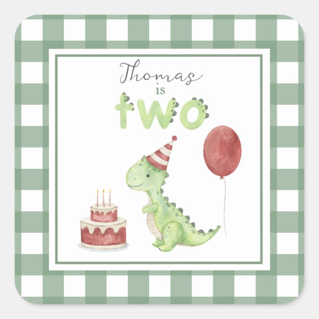 Watercolor Dinosaur Two-Rex Birthday Square Sticker (Front)