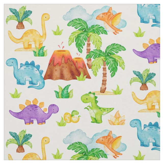 Watercolor Dinosaur Volcano Palm Tree Kids Baby Fabric (Swatch)