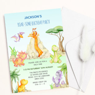 Watercolor Dinosaur Volcano Theme Kids Birthday Invitation