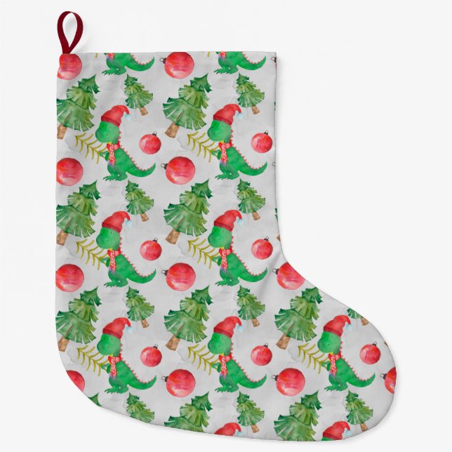 Watercolor Dinosaur With A Christmas Tree Large Christmas Stocking (Front)