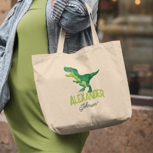 Watercolor Dinosaur with Kids Name Daycare Large Tote Bag