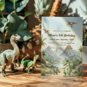 Watercolor Dinosaur with Prehistoric Landscape Invitation