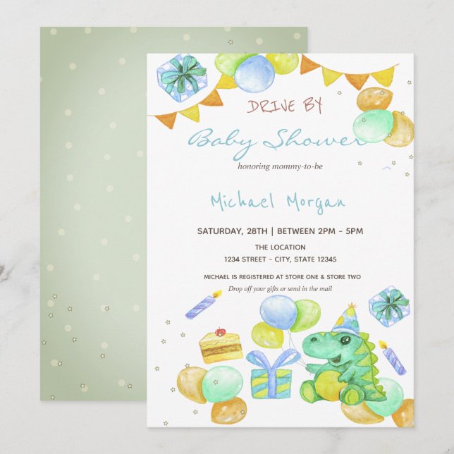 Watercolor Dinosaurs Drive By Baby Shower Invitation (Front/Back)