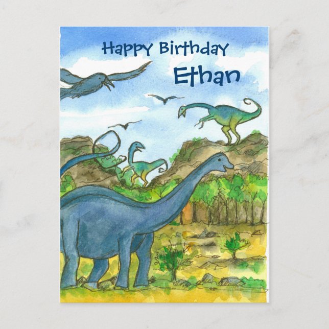 Watercolor Dinosaurs Happy Birthday Custom Name Postcard (Front)