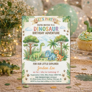 Watercolor Dinosaurs Jungle 1st Birthday Party Invitation