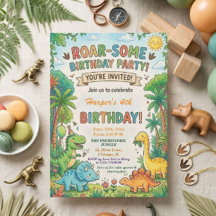 Watercolor Dinosaurs Jungle 4th Birthday Party Invitation