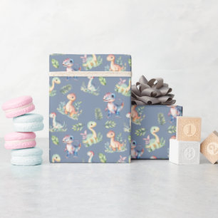 Watercolor Dinosaurs on Darkish Grey Blue Wrapping Paper