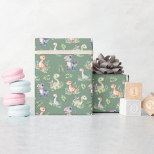 Watercolor Dinosaurs on Green Wrapping Paper