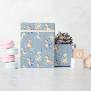 Watercolor Dinosaurs on Grey Blue Wrapping Paper