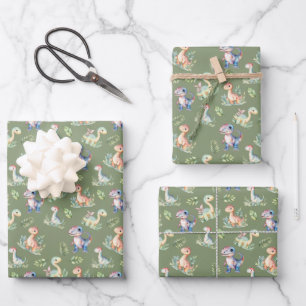 Watercolor Dinosaurs on Olive Green Wrapping Paper Sheet