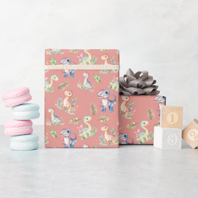 Watercolor Dinosaurs on Pink Wrapping Paper (Baby Shower)